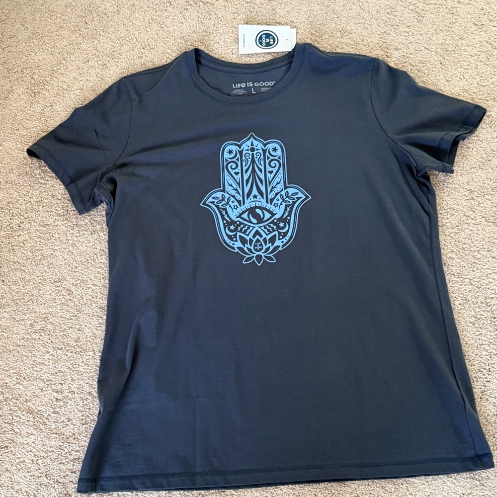 Women’s L Life is Good Hamsa Lotus Cotton Tee Shirt Top Yoga Optimism NWOT